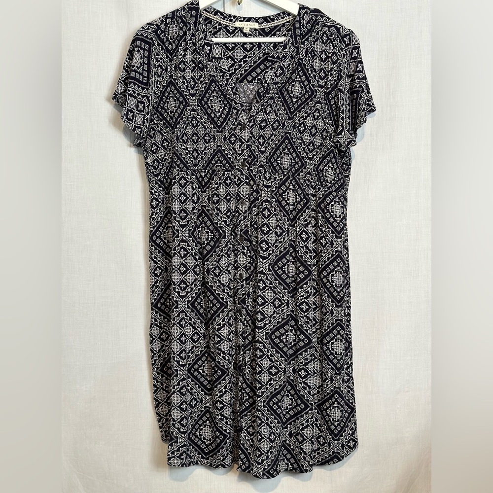 ***SOLD*** KATE & SAM - Midi Dress SS Button-Up Print Sz M - BLUE